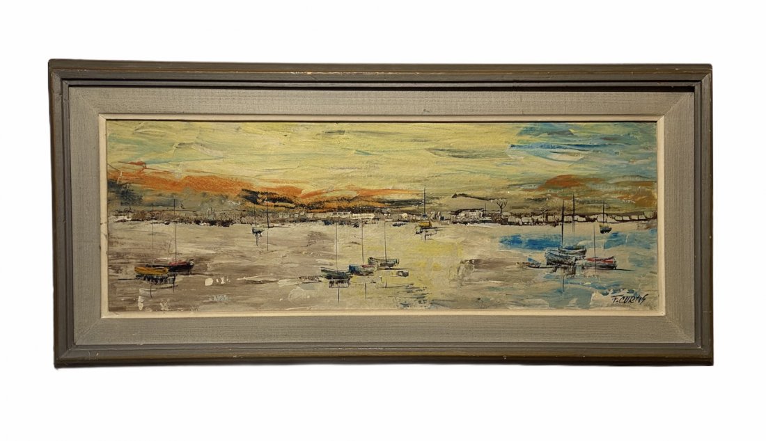 Mid-Century Modern Harbor Scene Signed F. Curtis (1 of 2)