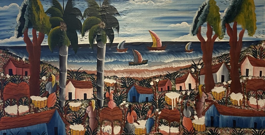 Naive Haitian Coastal Village Painting, Signed: 18 x 28