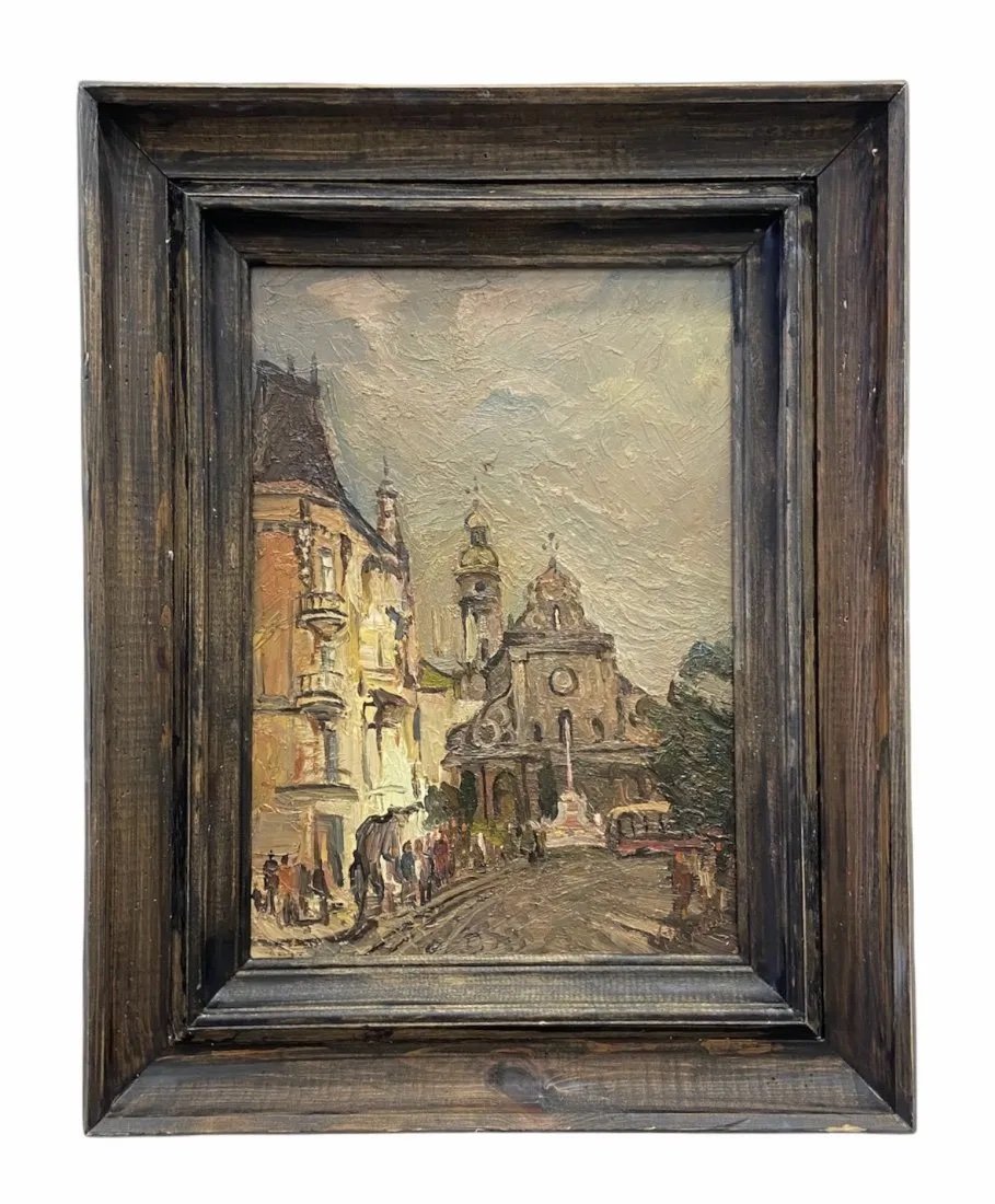 Impressionist European Street Scene, Signed: Oil on board 16 x 12 in, 19 x 15 in (framed)