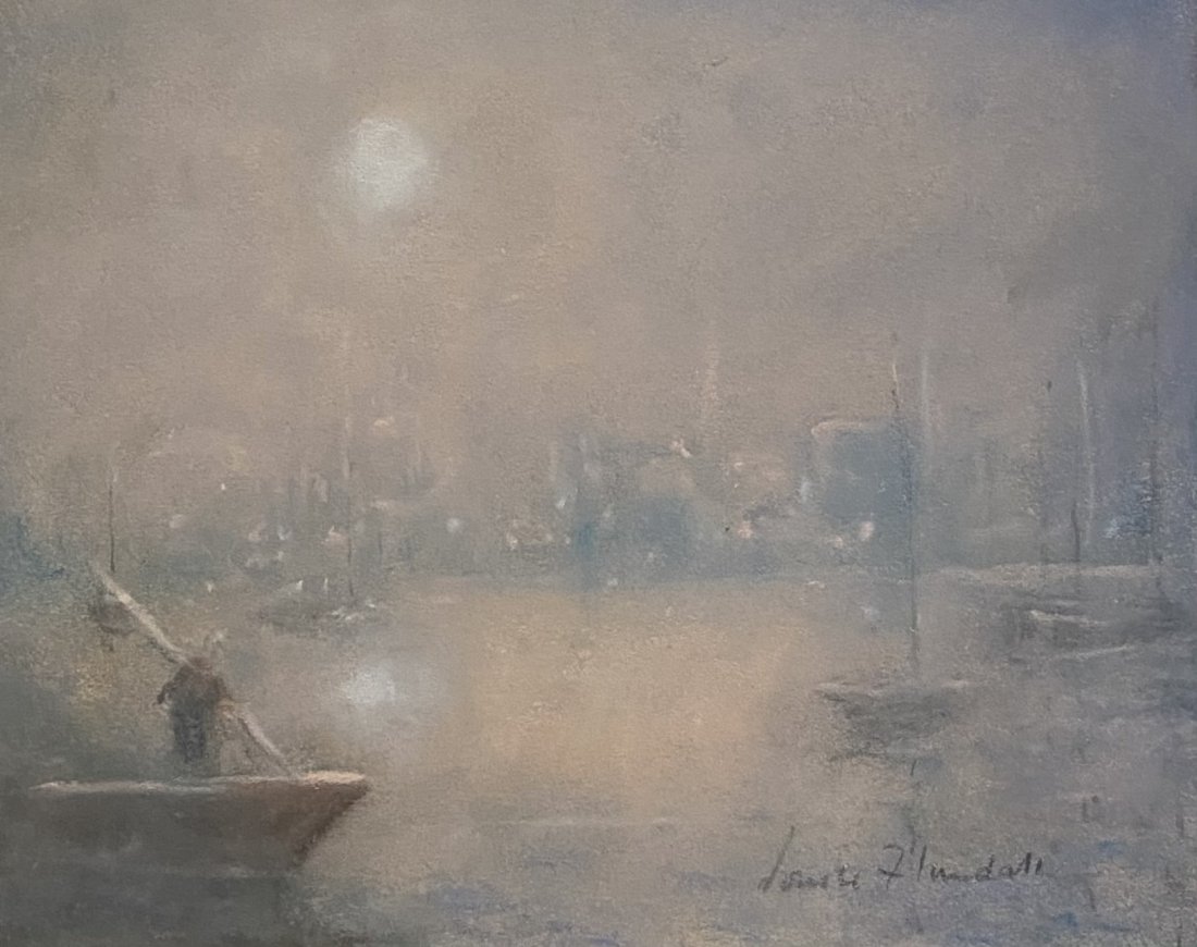 Impressionist Tonalist Harbor Scene Illegible Signature: Pastel on paper 11 x14 in