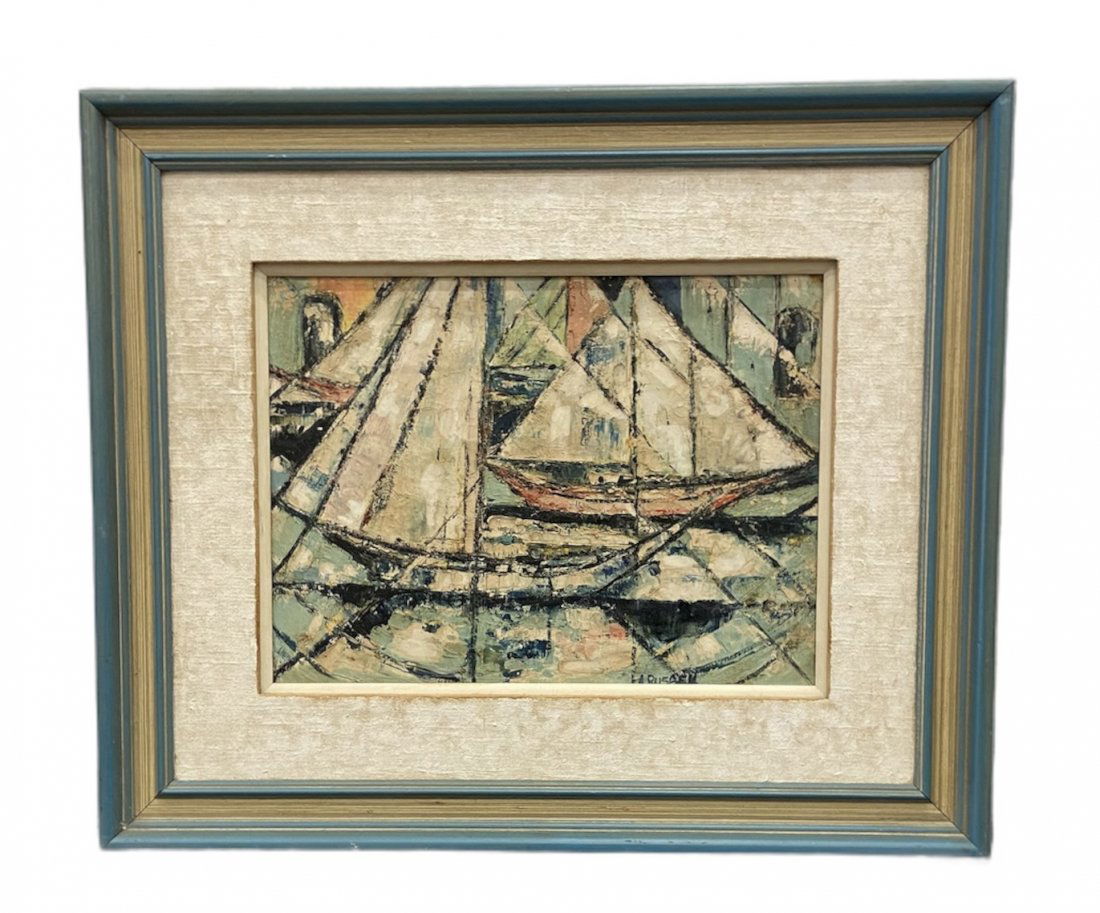 Mid-Century Modern Harbor Of Sailboats, Signed (1 of 3)