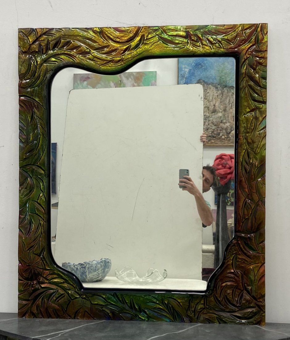 Large Unique Heavy Iridescent Floral Design Mirror: Plastic or lucite over metal 45 1/4 x 38 1/4 in