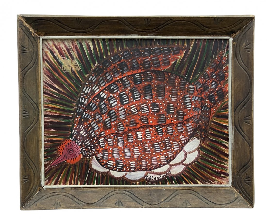 STEPHEN BLANCHARD (20th, Haitian) Chicken: Folk art. Oil on board 20 x 16 in, 24 x 20 in