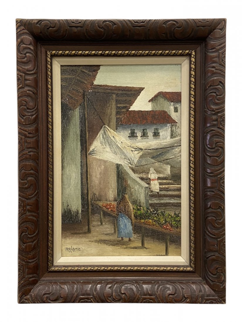 Mexican Impressionist Street Scene, Signed: Oil on canvas 14 x 9 in, 19 x 14 in (framed)