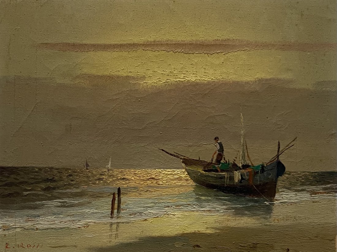 Italian Impressionist Coastal landscape Of Fisherman: Early 20th century 12 x 9 in, Signed