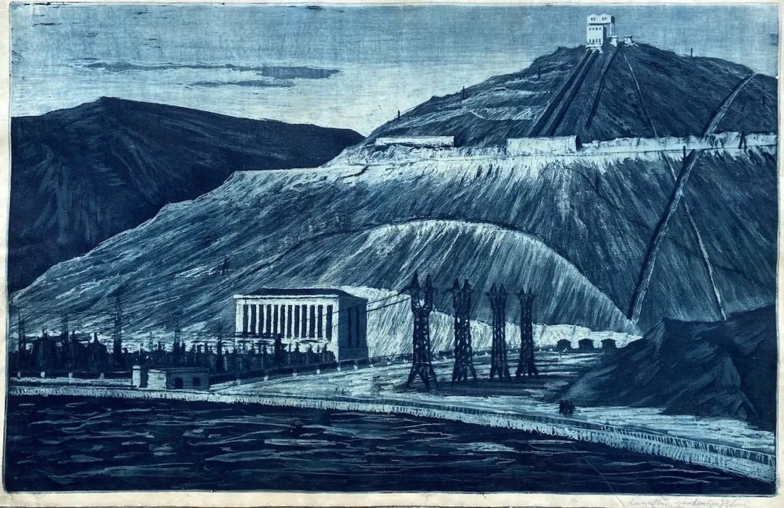 1950's Soviet USSR Socialist Industrial Etching, Signed: Pencil signed etching on paper 17 1/2 x 27 1/2 in. (plate)