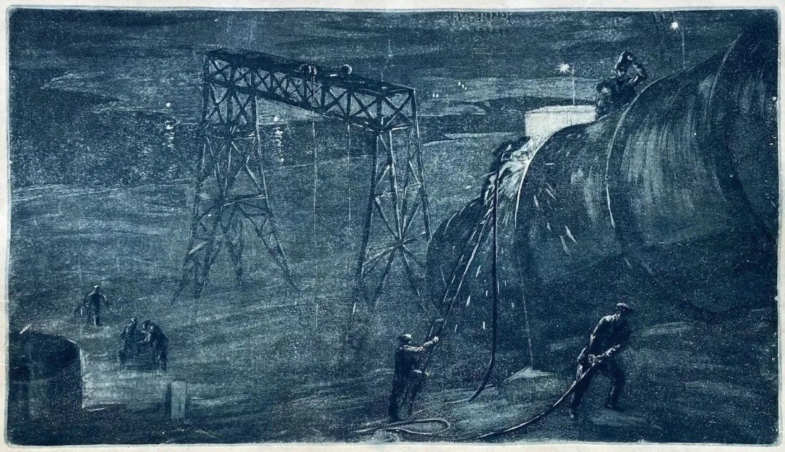 1950's Soviet USSR Socialist Realism Etching, Workers (1 of 2)