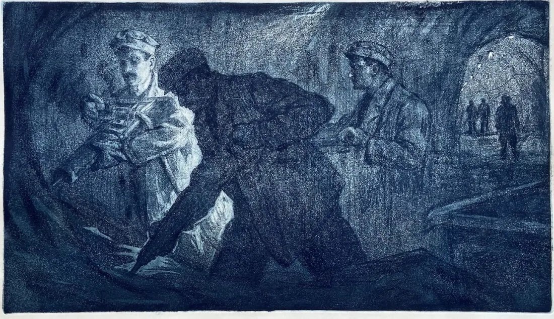 1950's Soviet USSR Socialist Realism Etching "Miners": 14 1/4 x 25 1/4 in. (plate), 18 1/2 x 28 1/2 in. (paper)