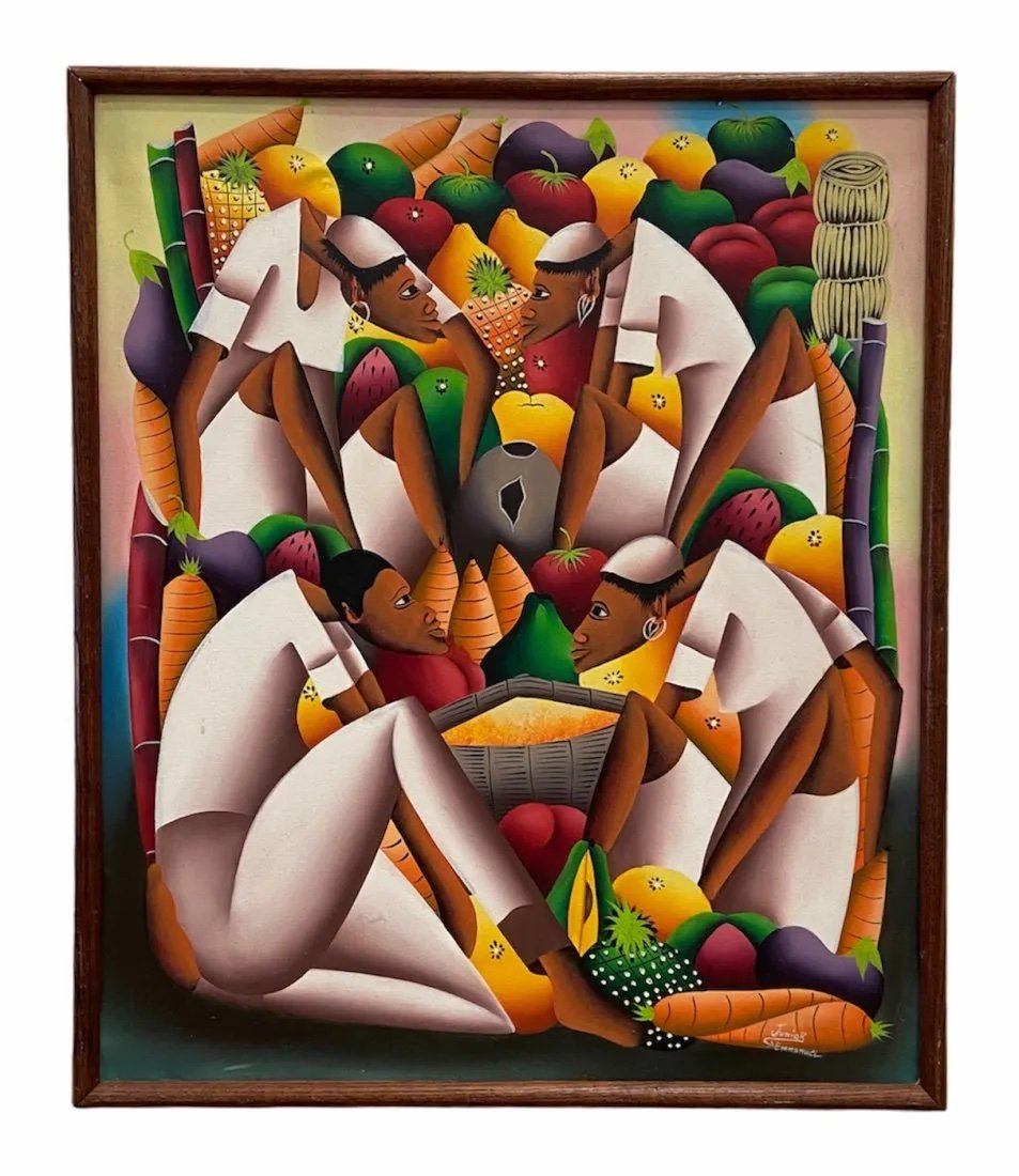 JUNIOR EMMANUEL (20th c, Haiti) Figures At Market (1 of 3)