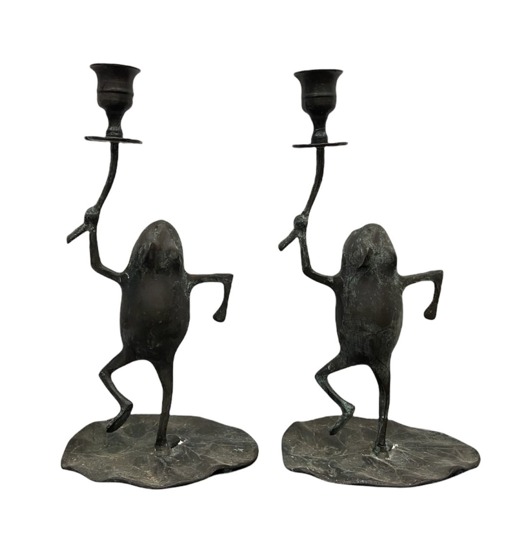 Pair Of Bronze Figural Frog Candle Holders (1 of 3)