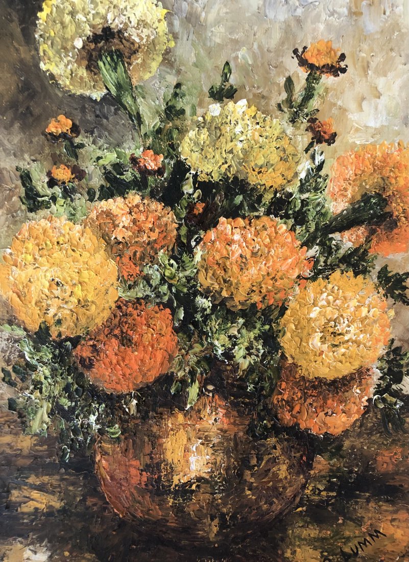 American Impressionist Floral Still Life, Signed: Oil on board 17 x 13 in
