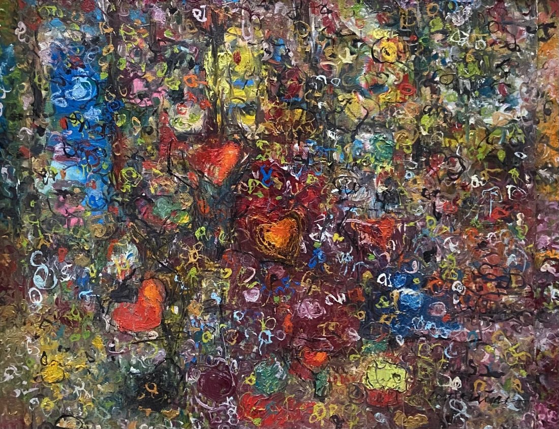 Cuban Abstract Painting w/ Hearts, Illegible Signature: Oil on canvas 25 x 22 in