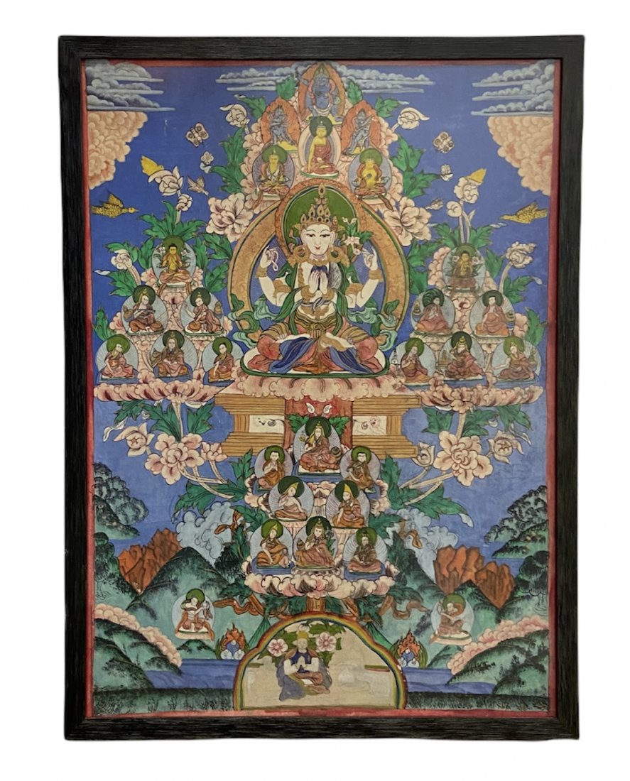 Buddhist Tibetan Thangka Painting: On cloth. 23 1/2 x 17 1/2 in framed