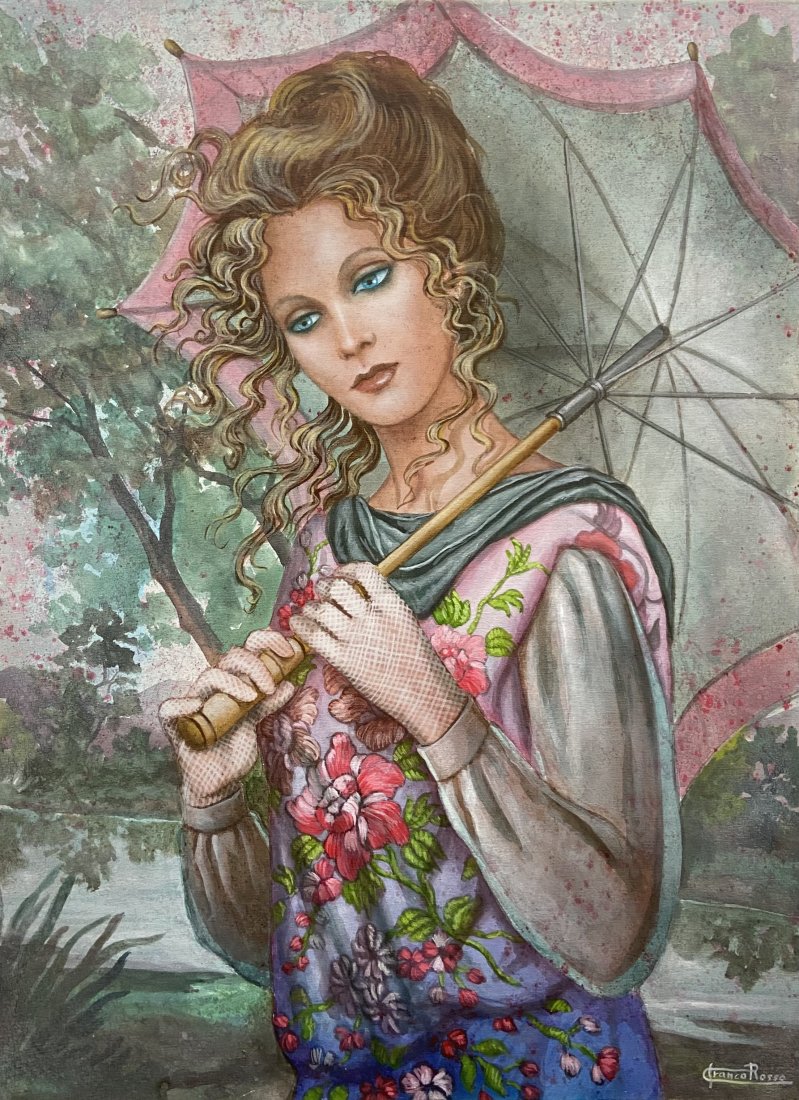 FRANCO ROSSO (20th c, Italian) Woman w/ Parasol: Oil on canvas 31 1/2 x 24 in