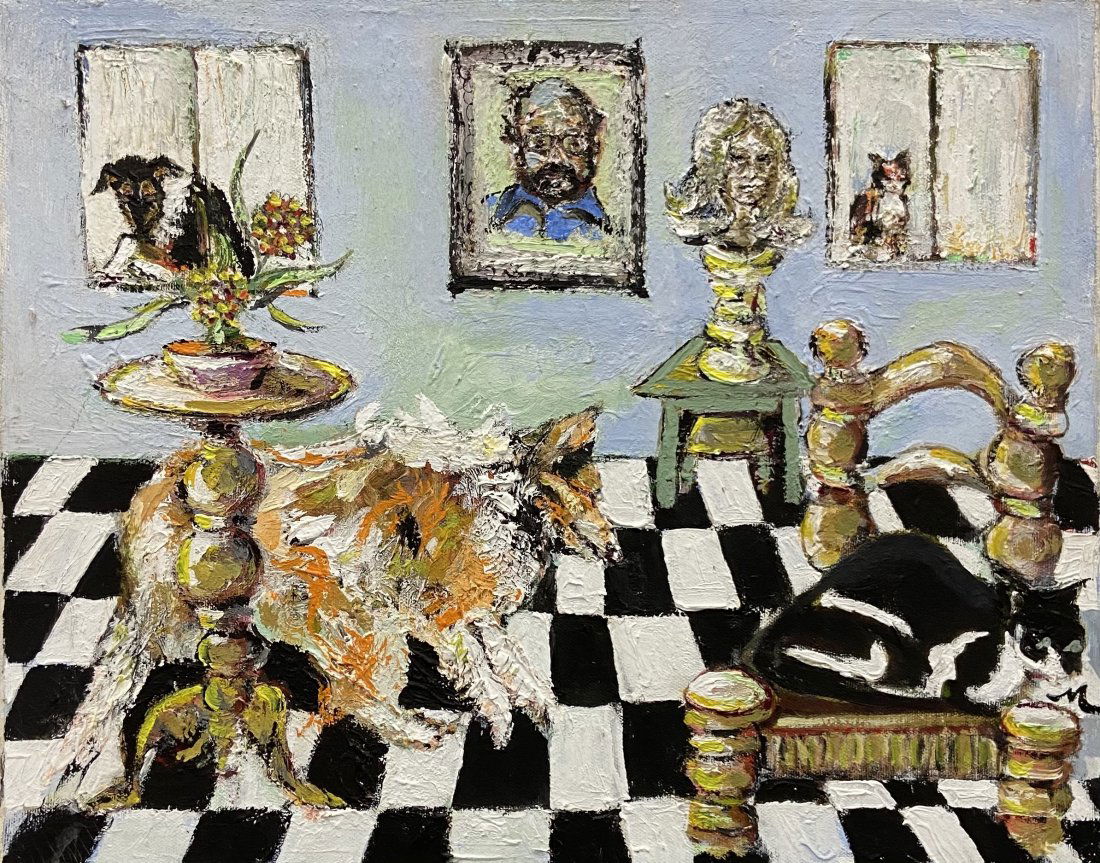 Vintage Surrealist Chess Scene w/ Cat & Dog, Signed (1 of 2)