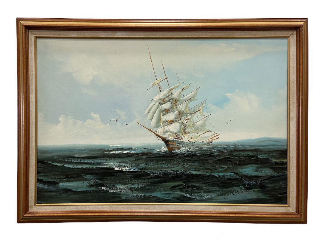 Vintage Clipper Ship Seascape Marine Painting, Signed (1 of 3)