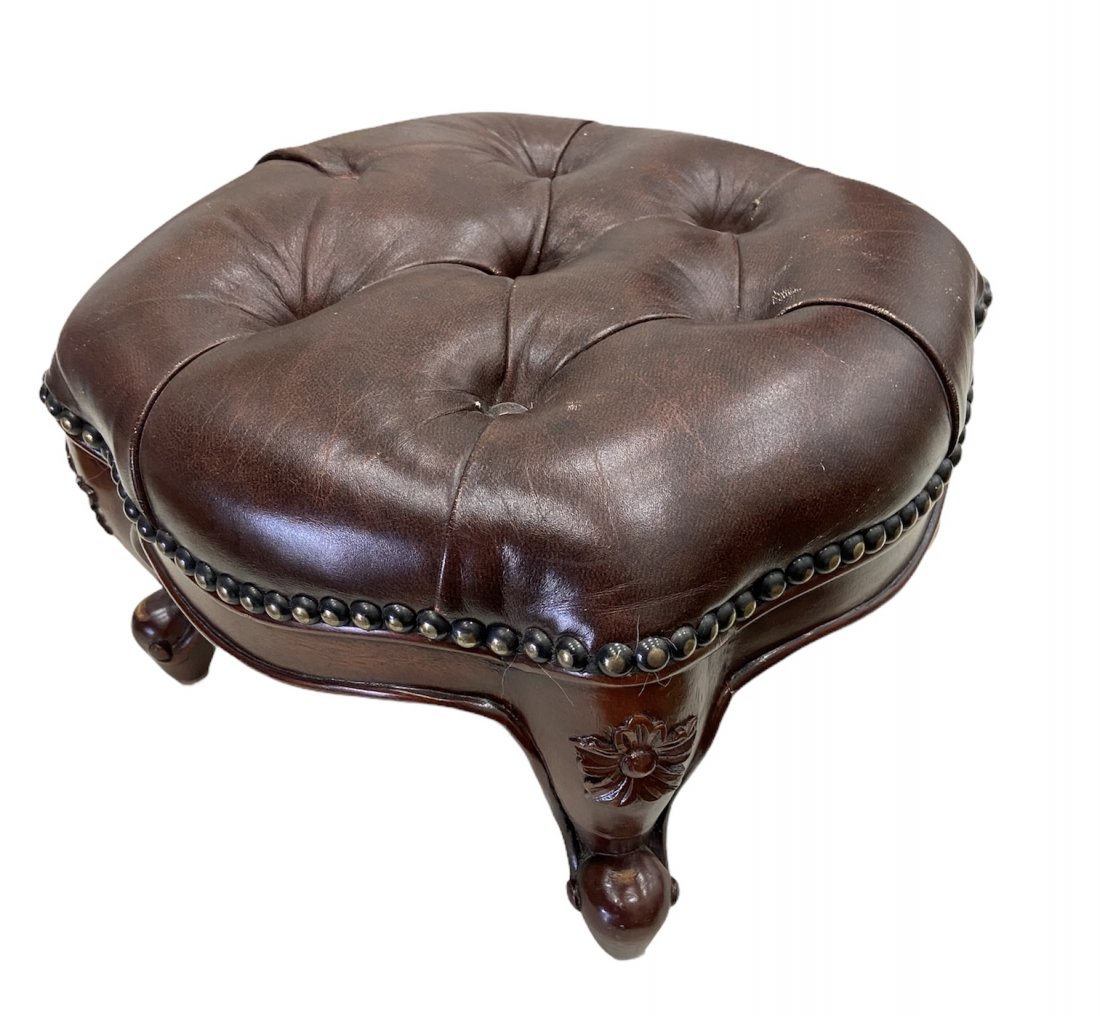 Maitland-Smith Leather Footstool: 8 inches high by 15 inches wide
