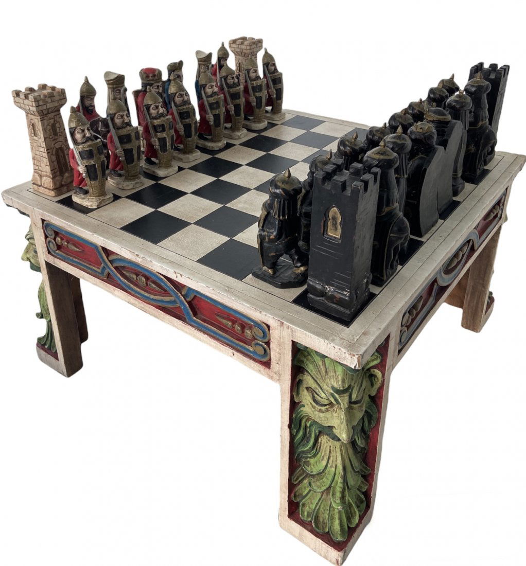 Impressive Mid-Century Carved Wooden Chess Game Table (1 of 11)