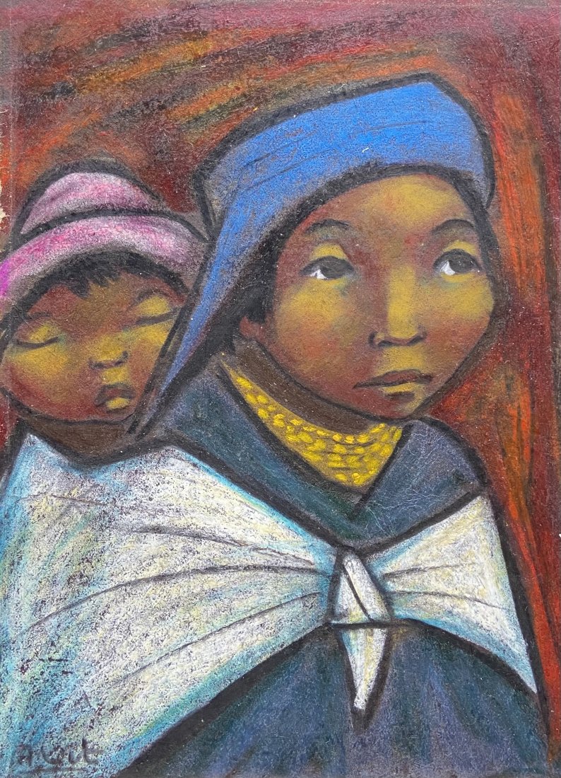 ARTURO NIETO (20th c, Ecuador) Cubist Portrait: Mother and child. Pastel on paper 9 1/2 x 7 in