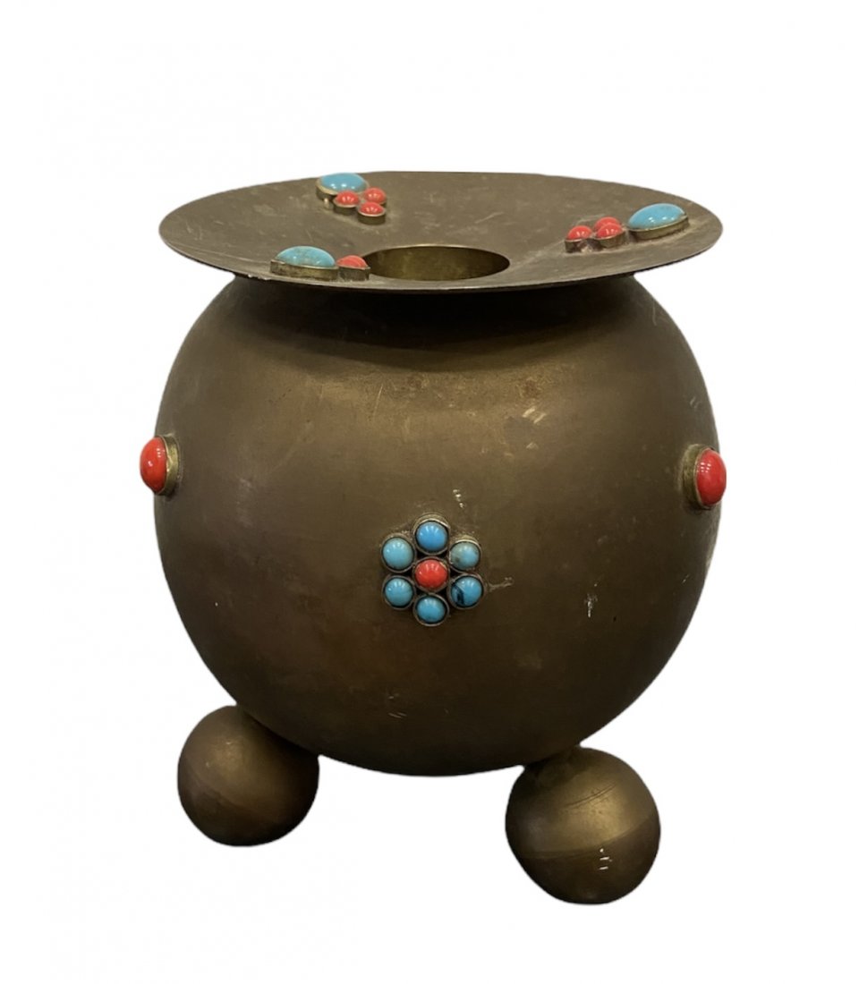 Antique Brass Coral & Turqoise Incense Burner Vase (1 of 4)