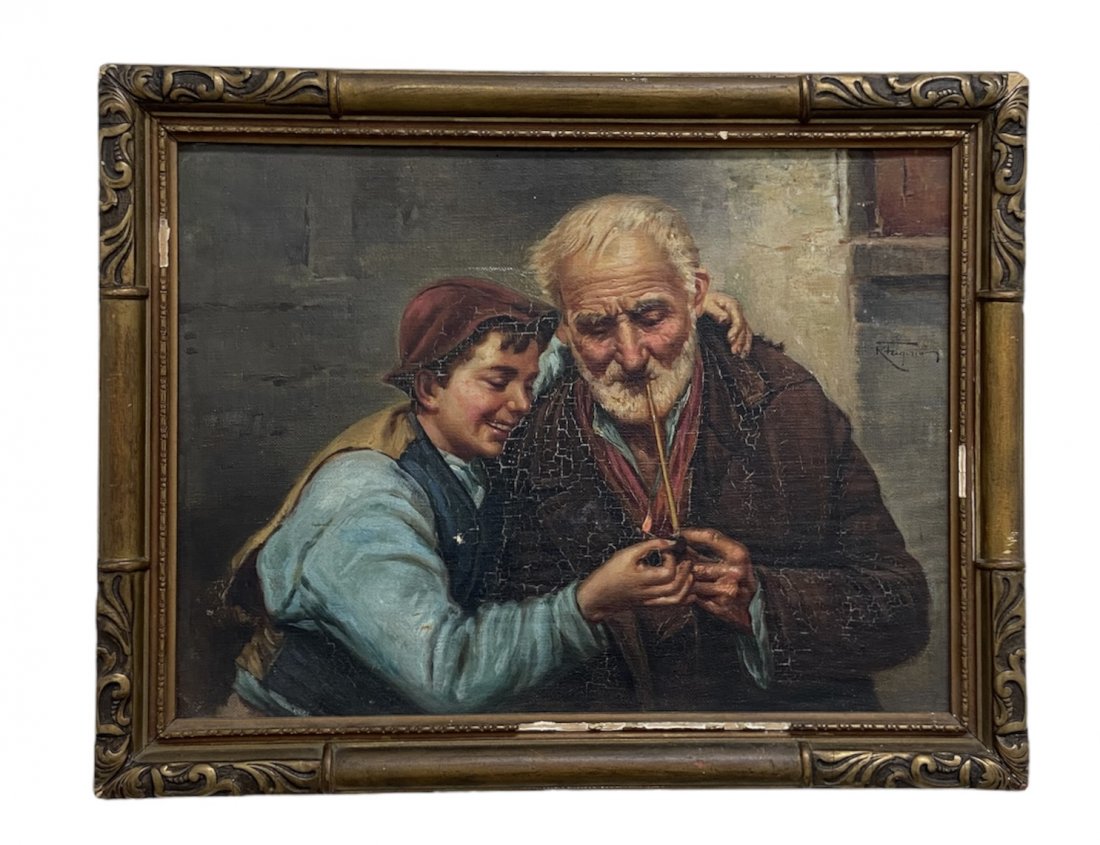 Early 20th Century Italian Realism Painting, Signed: Boy and his grand pop. Oil on board 15 x 11 in, 18 x 14 in (framed)