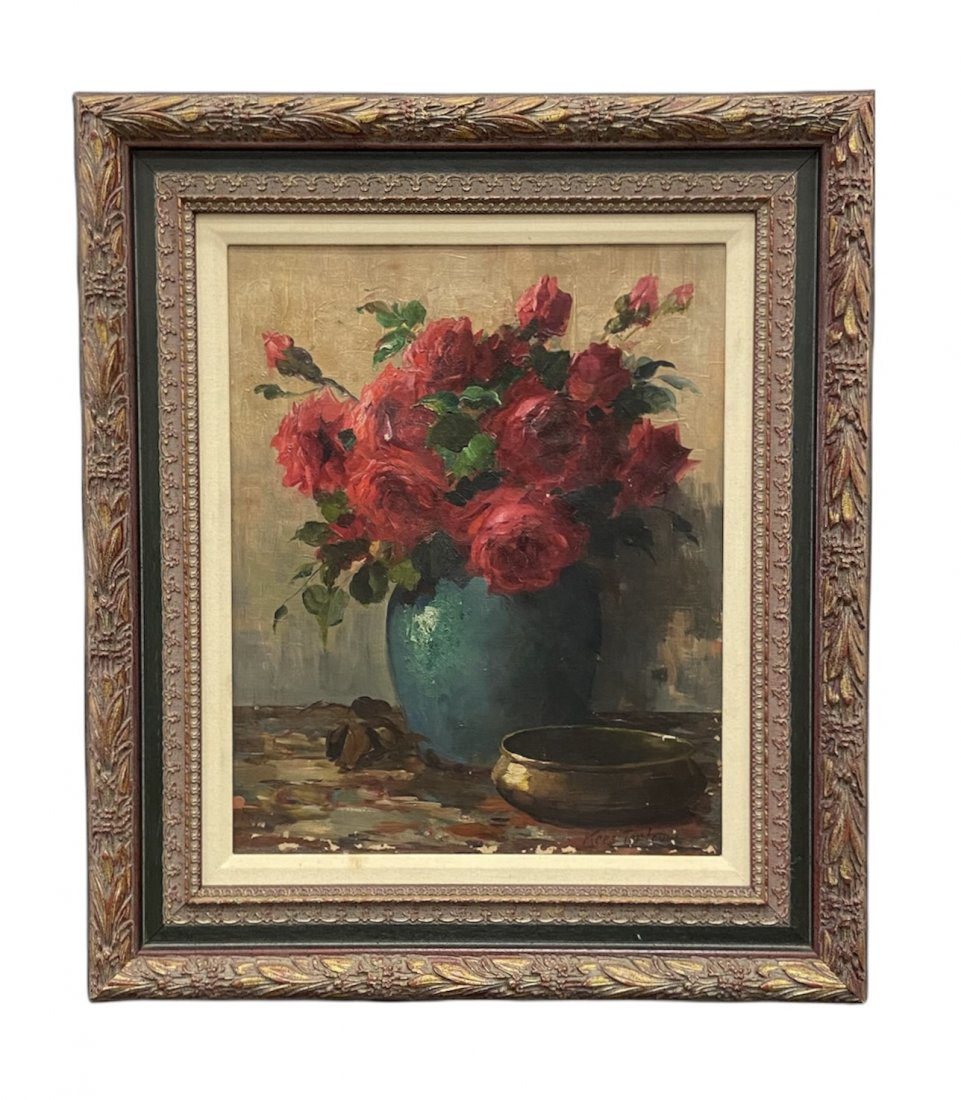KEES TERLOUW (1890-1948, Dutch) Floral Still Life: Born 1890 in Rotterdam, Netherlands. Still life of rose. Impressionist oil on canvas. Size 16 x 13 in, 23 x 20 in (framed)