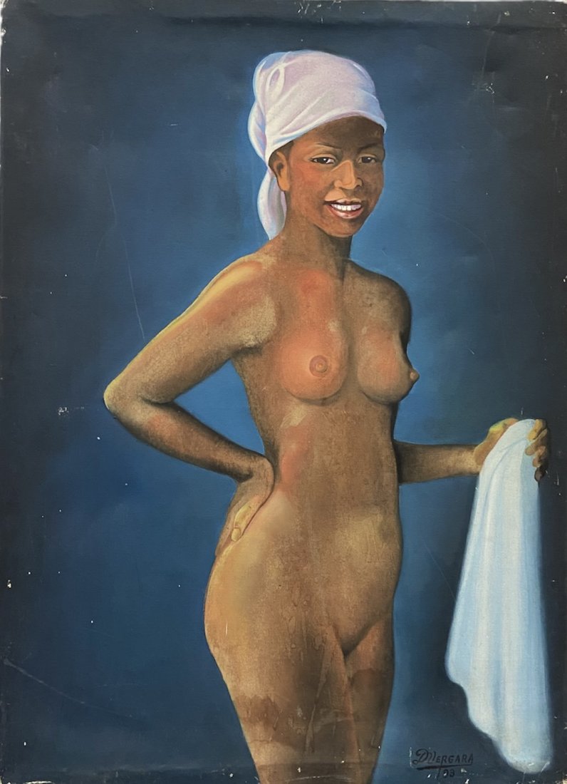 Vintage Latin Cuban Nude Portrait Signed Vergara: Oil on canvas dated 1993. 24 x 32 in