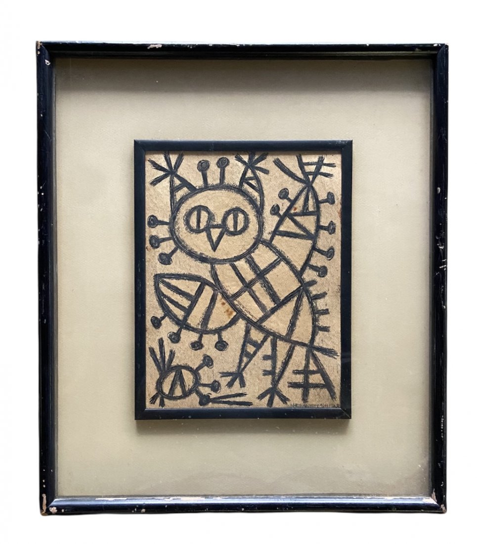 KATHLEEN BLACKSHEAR (1897-1988, Texas) Owl: Mixed media on cardboard 12 x 10 in, 22 x 19 in (framed).BLACKSHEAR, KATHLEEN (1897-1988). Kathleen Blackshear, artist and teacher, was born in Navasota, Texas, on June 6, 1897, the daughter of Edward