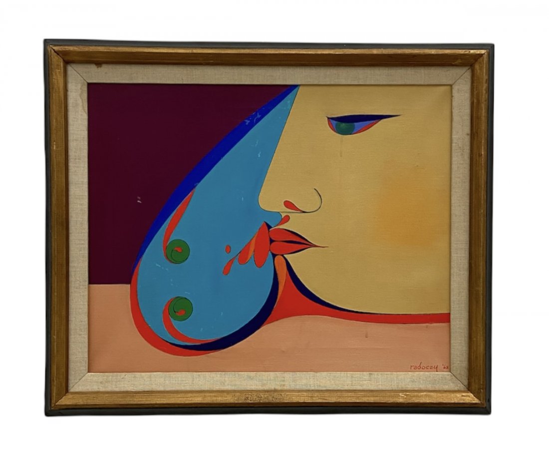 ALBERT RADOCZY (1914-2008, Connecticut) Abstract 1963: Oil on canvas 20 x 16 in, 24 1/2 x 20 1/2 in. Albert Radoczy1914-2008 Albert Radoczy was a master at exploring the female form. Throughout his career his drawings and paintings depicted women with ima