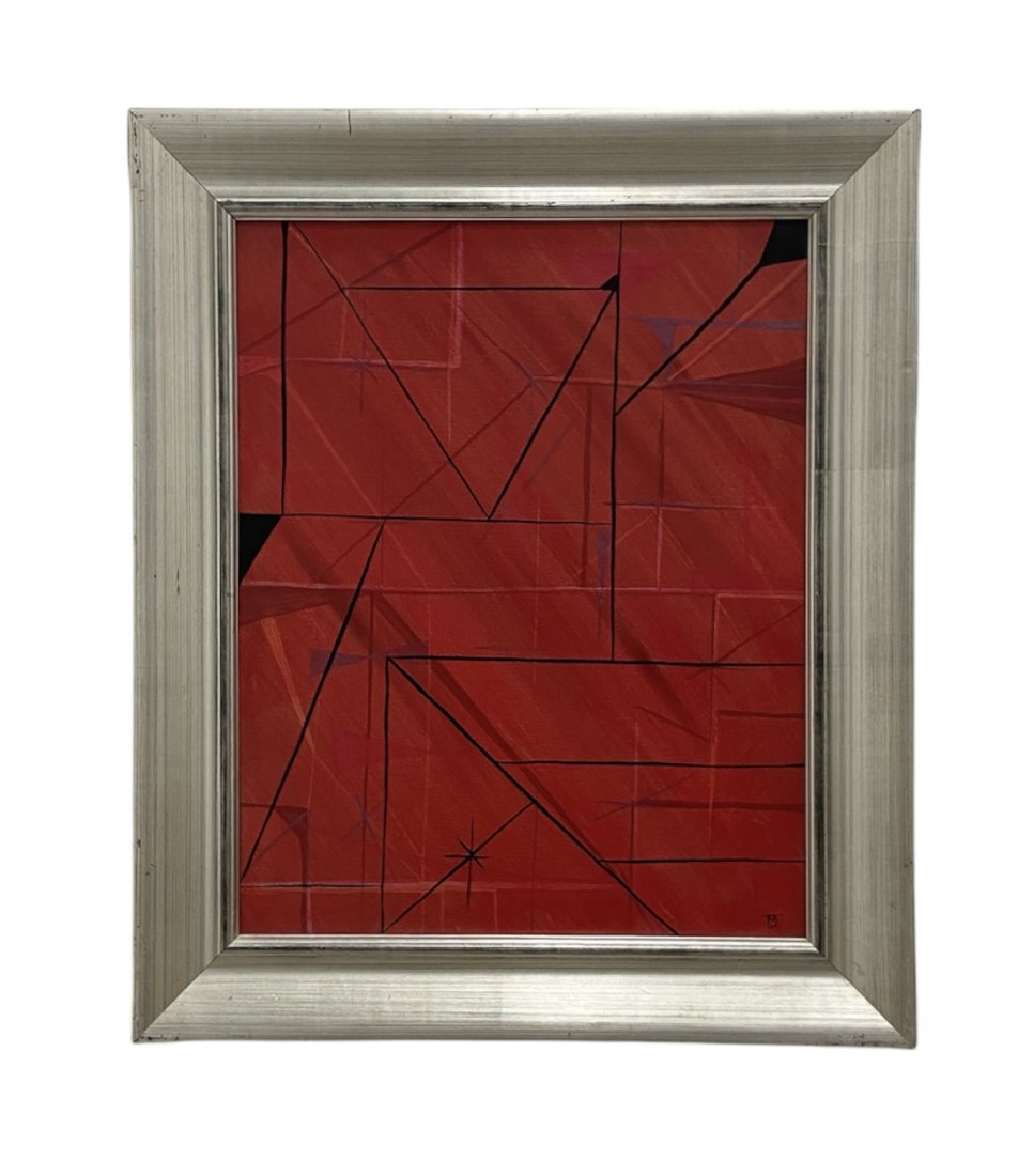 Vintage Red Abstract Painting, Signed (1 of 3)