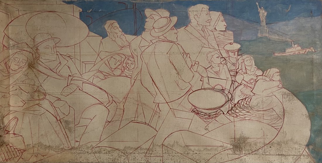 1930's WPA Mural Sketch For New York City: Oil on canvas 43 x 22 in. Shipped from our Margate City, NJ location.