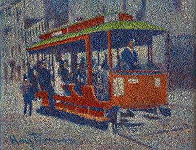 HARRY BENSON (20th c, American) San Francisco Scene: Oil on canvas 36 x 28 in. Great trolley scene with bold colors. Shipped from our Margate City, NJ location.