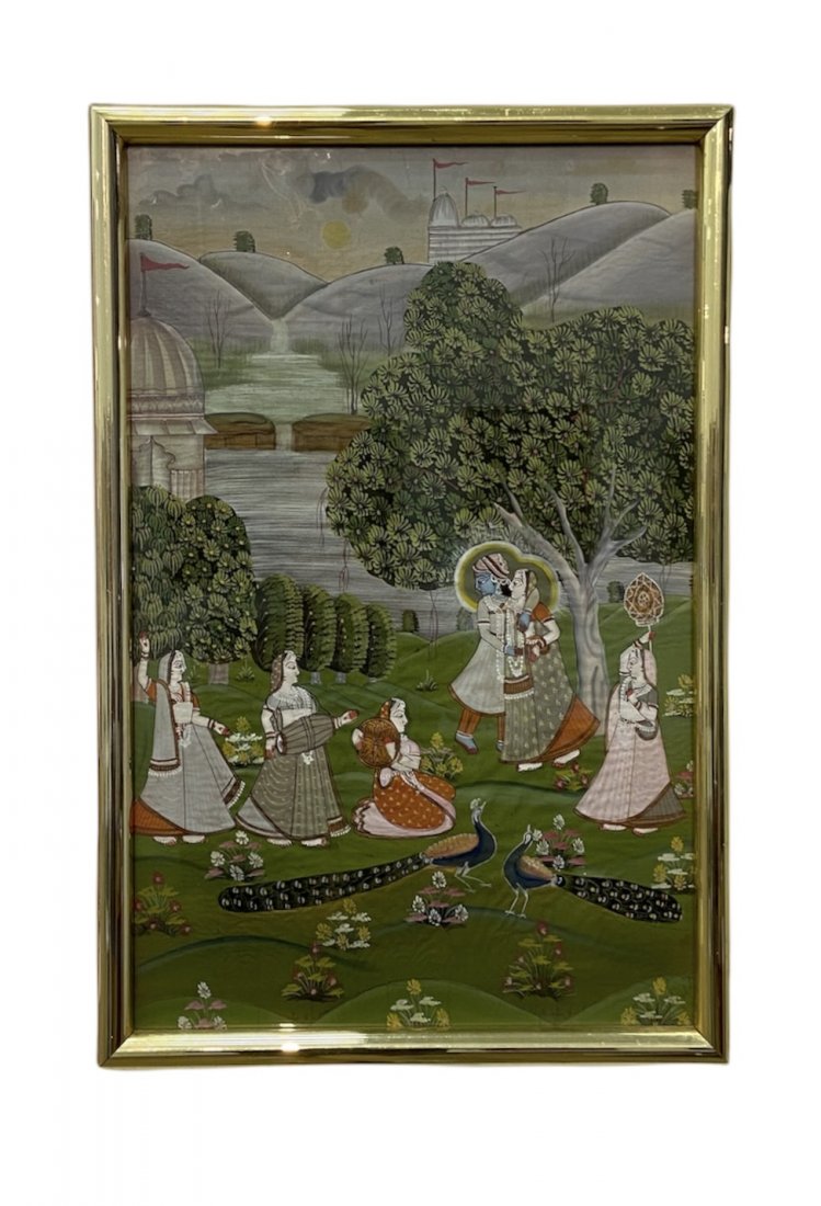 Vintage Indian Mughal Painting On Silk: 27 x 18 in (framed)