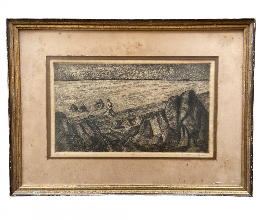 NANCY DUNN (20th, California) WPA Etching: Fisherman. Size 12 x 7 in, 13 x 18 in (framed)