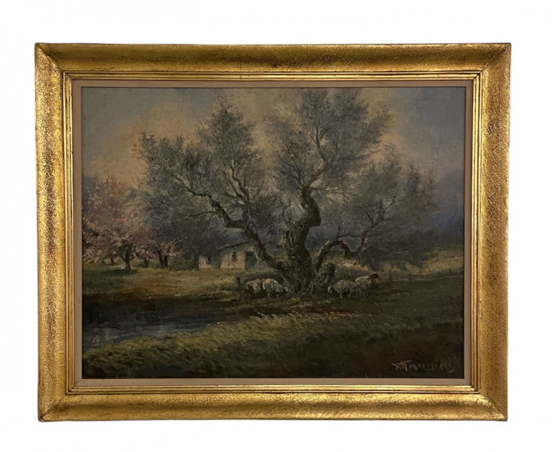 Greek Impressionist Landscape w/ Sheep, Signed (1 of 3)