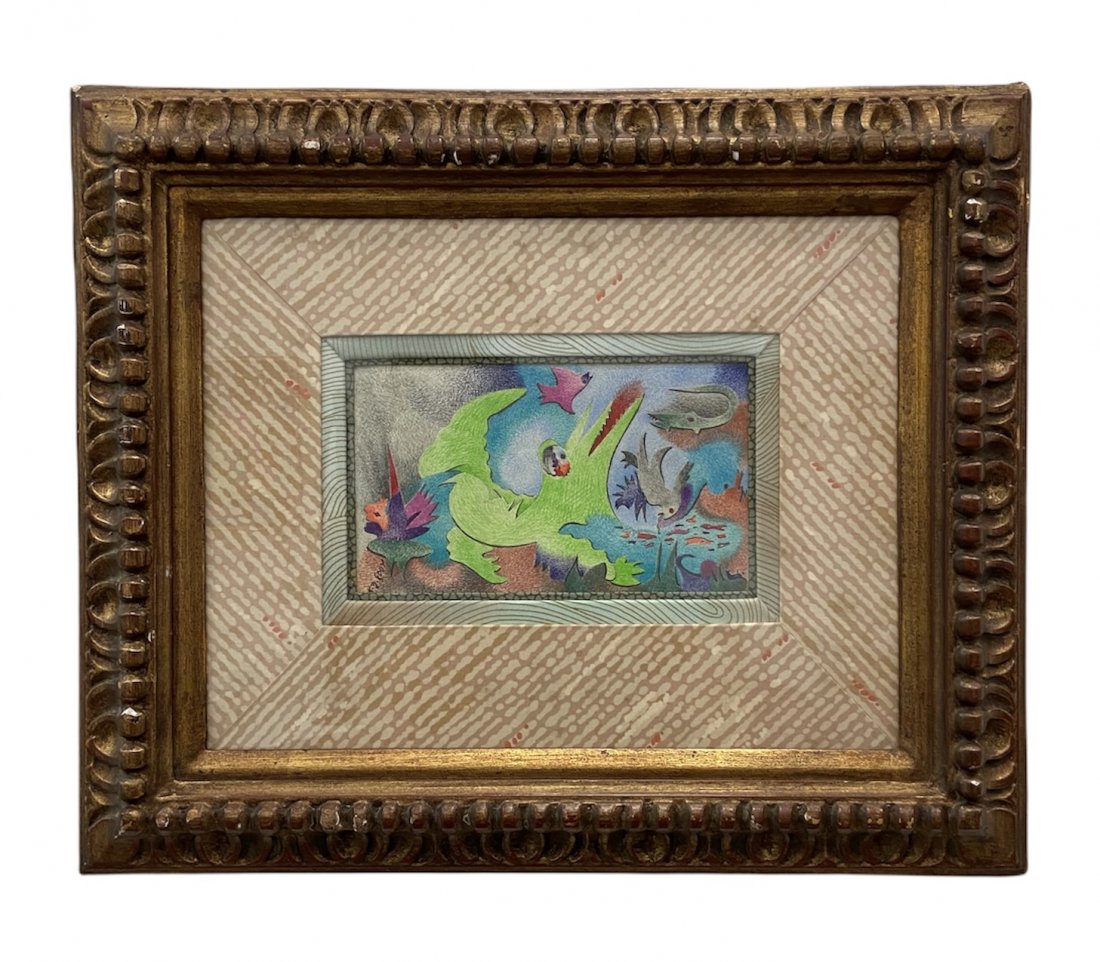 Naive Pastel Abstract w. Alligator Signed Eddy: 11 x 6 in (sight), 23 x 19 in (framed)