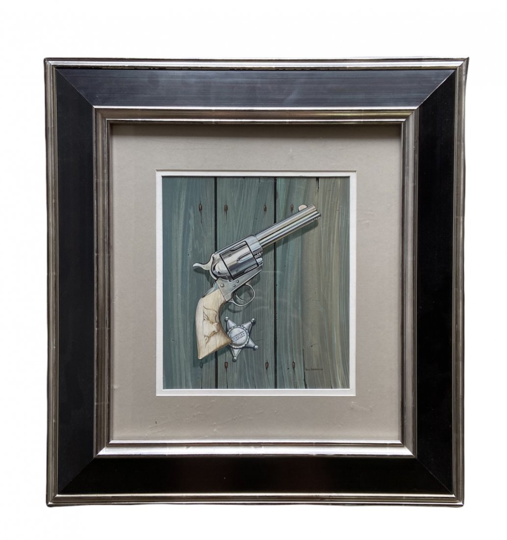 GALE HENDRICKSON (1928-2018, Minnestoa) .45 Colt: Single action gun painting. Mixed media on paper 10 1/2 x 9 1/2 in (sight), 22 1/2 x 21 1/2 in (framed). Gale Hendrickson was a Minnesota artist that had a studio in St. Paul, Minnesota for many years