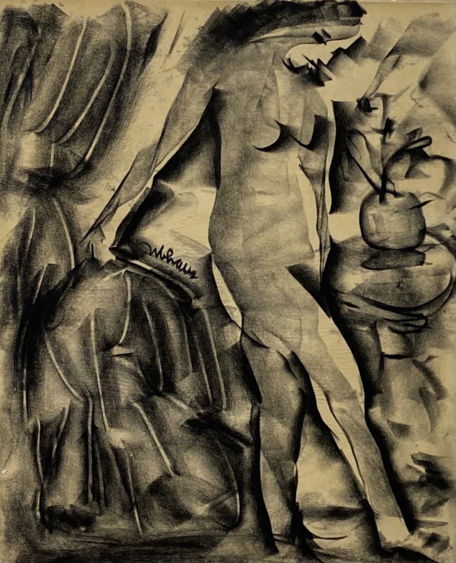 Impressive Mid-Century Cubist Charcoal Nude, Signed: Drawing on paper 17 x 13 1/2 in.