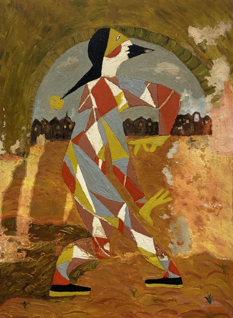 Mid-Century Modern Cubist Jester Painting, Unsigned: Oil on board 16 x 12 in