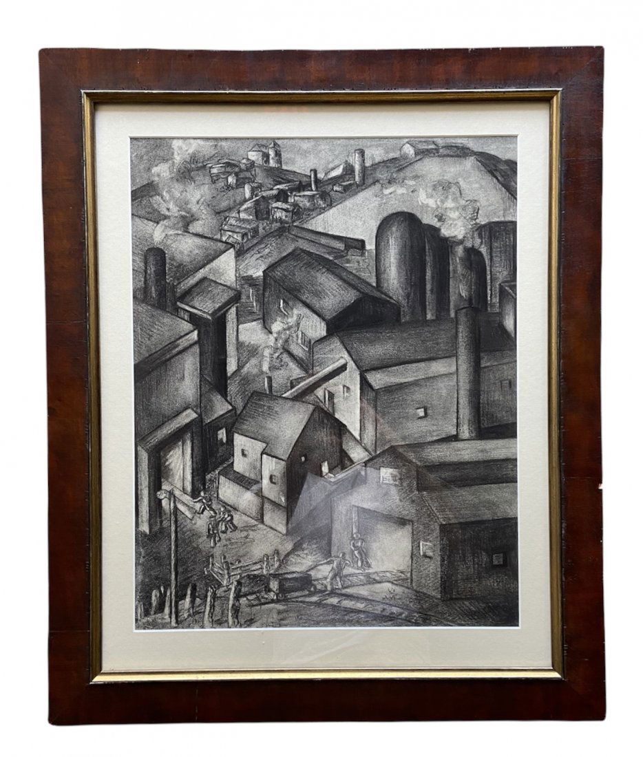WPA Era Small Town Regionalist Charcoal Drawing (1 of 3)