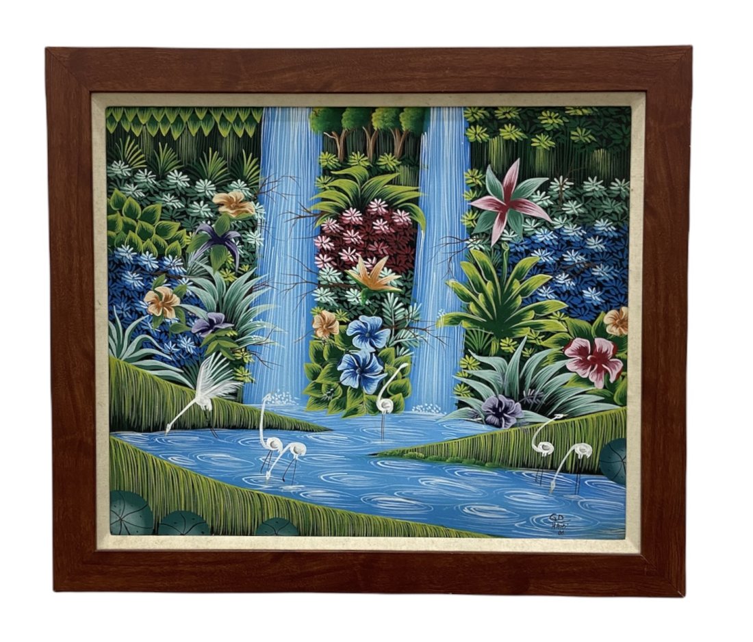 Colorful Haitian Landscape Of Waterfalls, Signed: Oil on canvas 24 x 20 in, 28 x 24 in