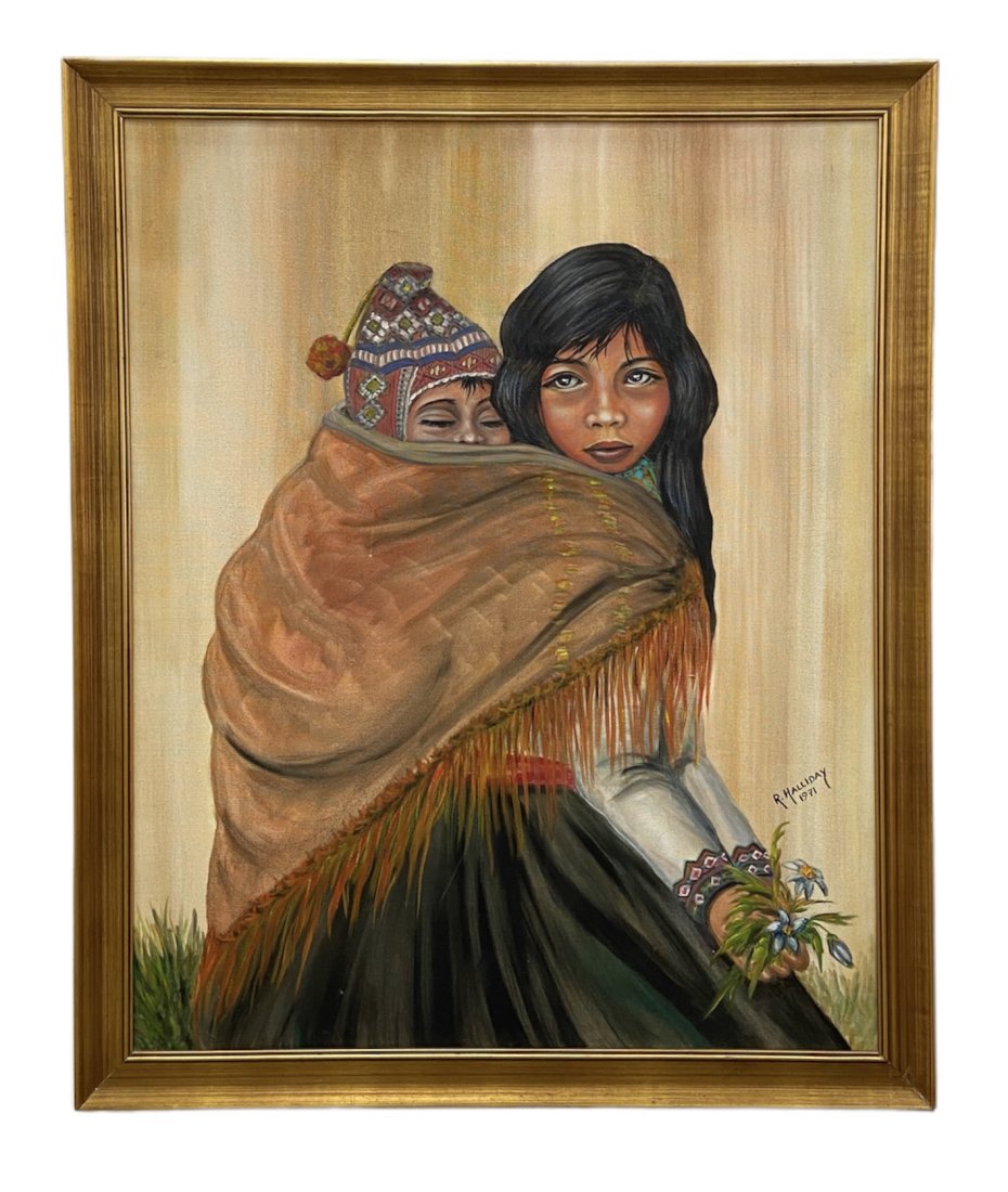 Guatamaltan Mother & Child Painting, Signed: Oil on canvas 39 x 32 in, 43 x 36 in