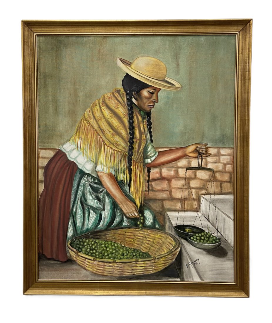 Guatamalan Woman Weighing Grapes Painting, Signed: Oil on canvas 39 x 32 in, 43 x 36 in