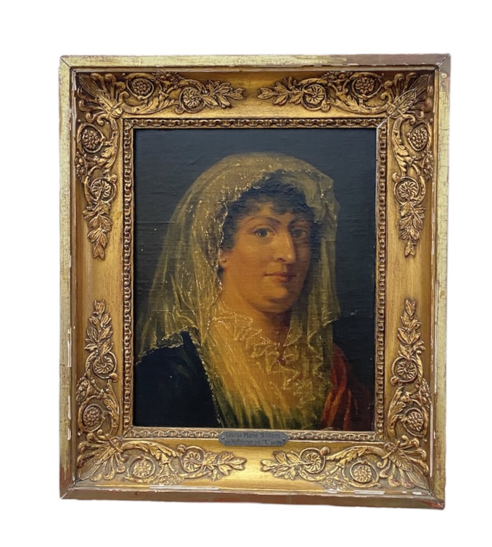 Antique Portrait Of An 18th Century Woman: Oil on board 10 1/2 x 8 1/2 in, 14 1/2 x 11 1/2 in (framed)
