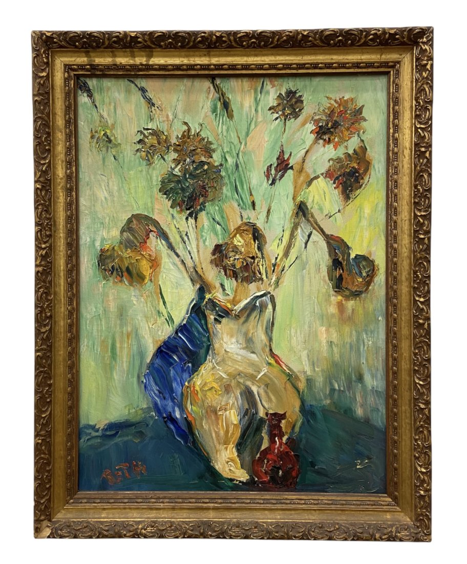 1960's Modernist Still Life Of Flowers, Signed Roth: Pearl Roth. Oil on canvas 24 x 18 in, 27 1/2 x 21 1/2 in