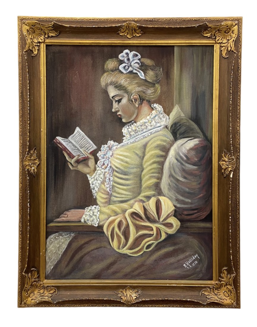 Portrait Of A Victorian Woman Reading, Signed: Oil on board 32 x 24 in, 39 1/2 x 30 1/2 in (framed)