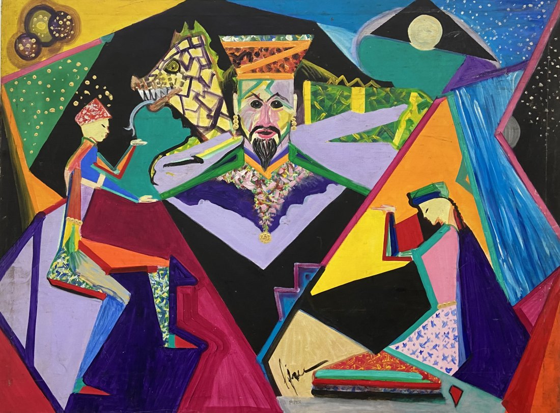 1990's Abstract With Figures Signed Piper: Oil on canvas 48 x 36 in