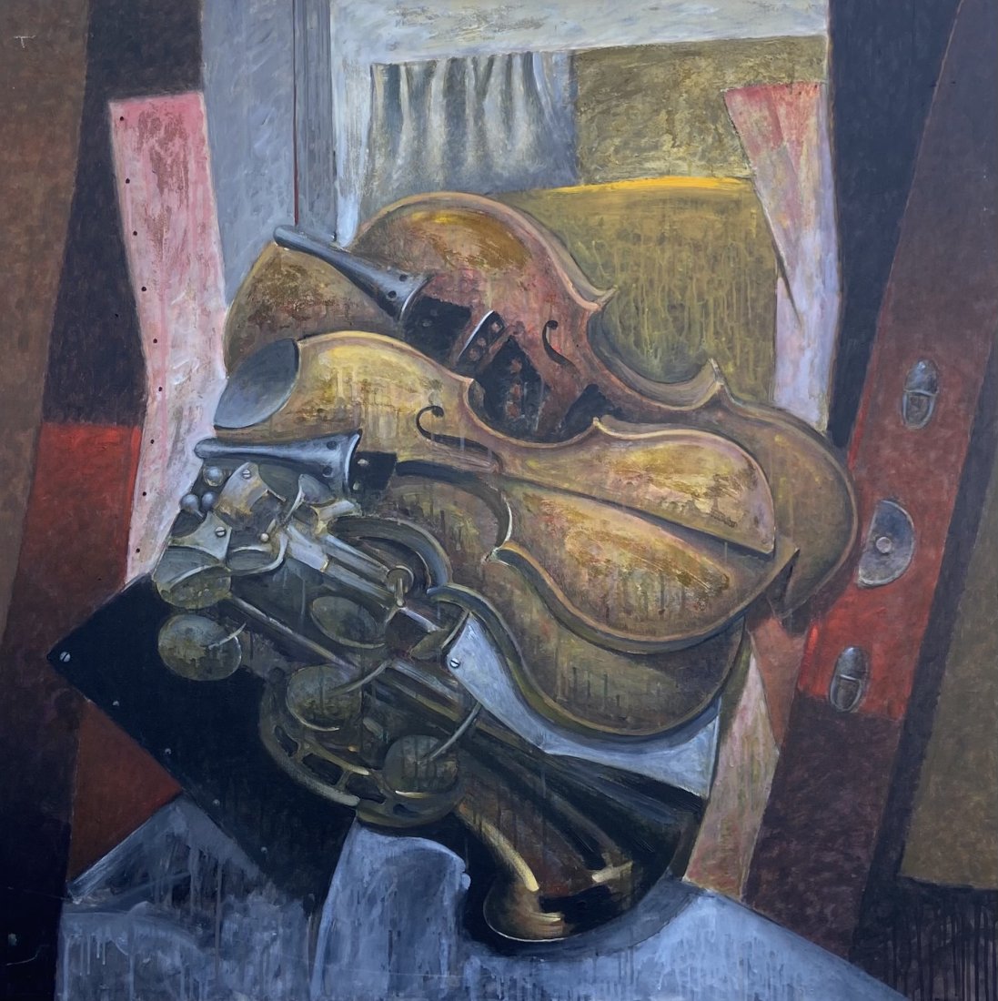 JESUS MARCOS (b. 1938, Argentina) Violinista Impetuoso: Oil on canvas 47 x 47 in. Jesus Marcos studied at the School of Arts and Crafts in Salamanca. In 1953 he emigrated with his family to Bahia Blanca, Argentina. In 1957 he began studying at the School o