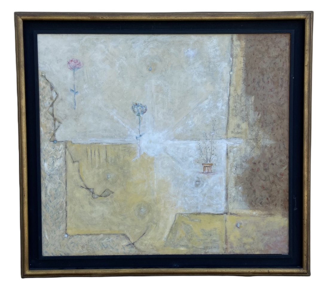 A. HAYATIAN Contemporary Minimalist Primitive Abstract: Mixed media on board 36 x 22 in, 41 1/2 x 37 1/2 in (framed)