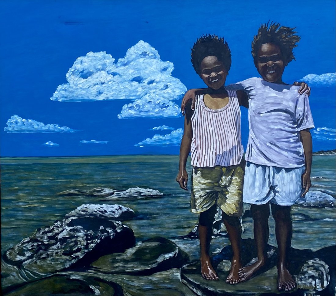MASA NAKACHI (20th c, Australia) Children At The Beach: Oil on canvas 35 x 31 in, 40 x 36 in (framed)